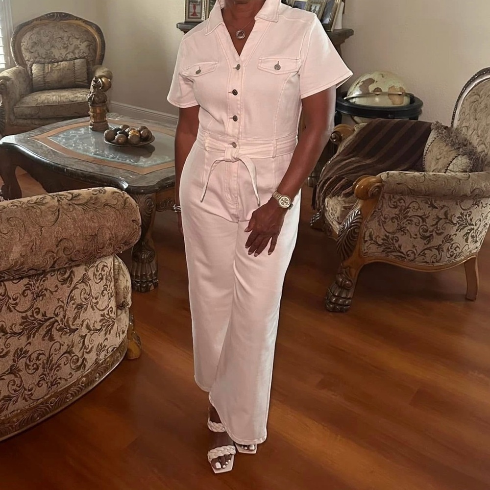 Entro Ivory Button-Up Denim Jumpsuit